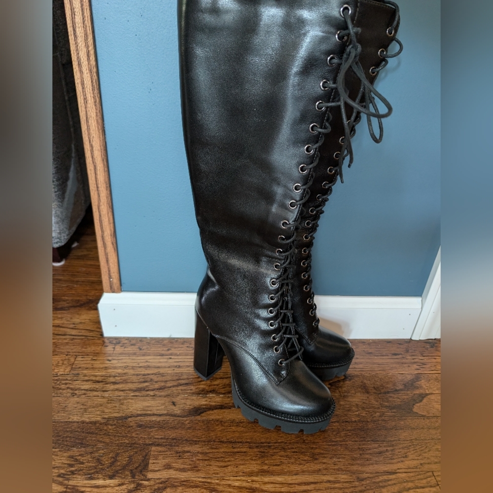 Black Lace-Up Knee-High Boots